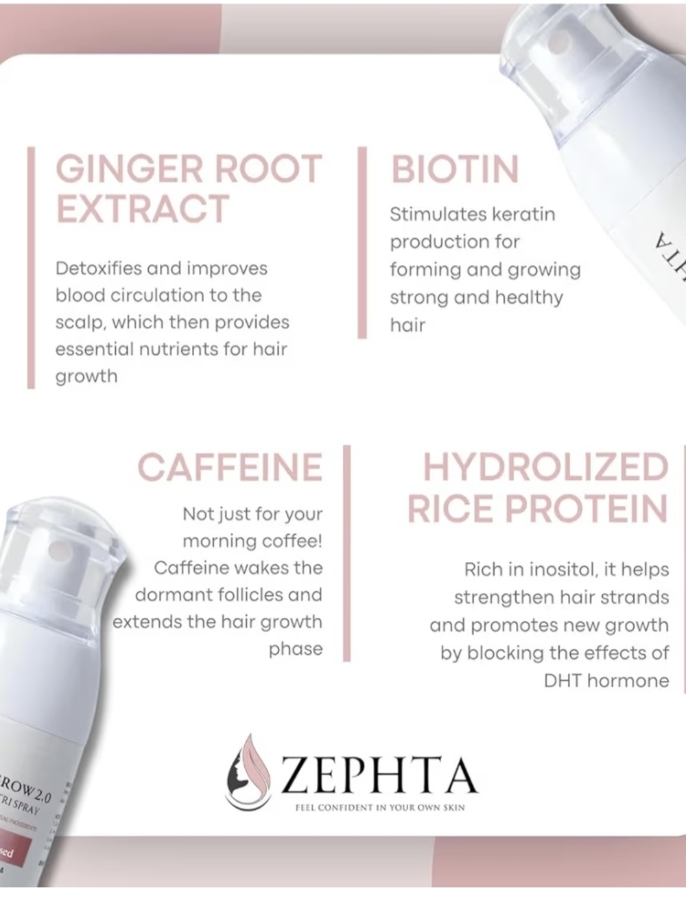 Zephta H-Regrow 2.0 Rice Nutri Spray - Biotin & Caffeine Infused 1.7oz - Picture 2 of 6